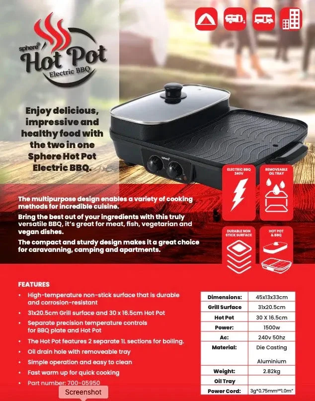 Sphere Hot Pot Electric BBQ 240volt Combo Skillet 5 Sphere Hot Pot Electric BBQ 240volt Combo Skillet - Image 3